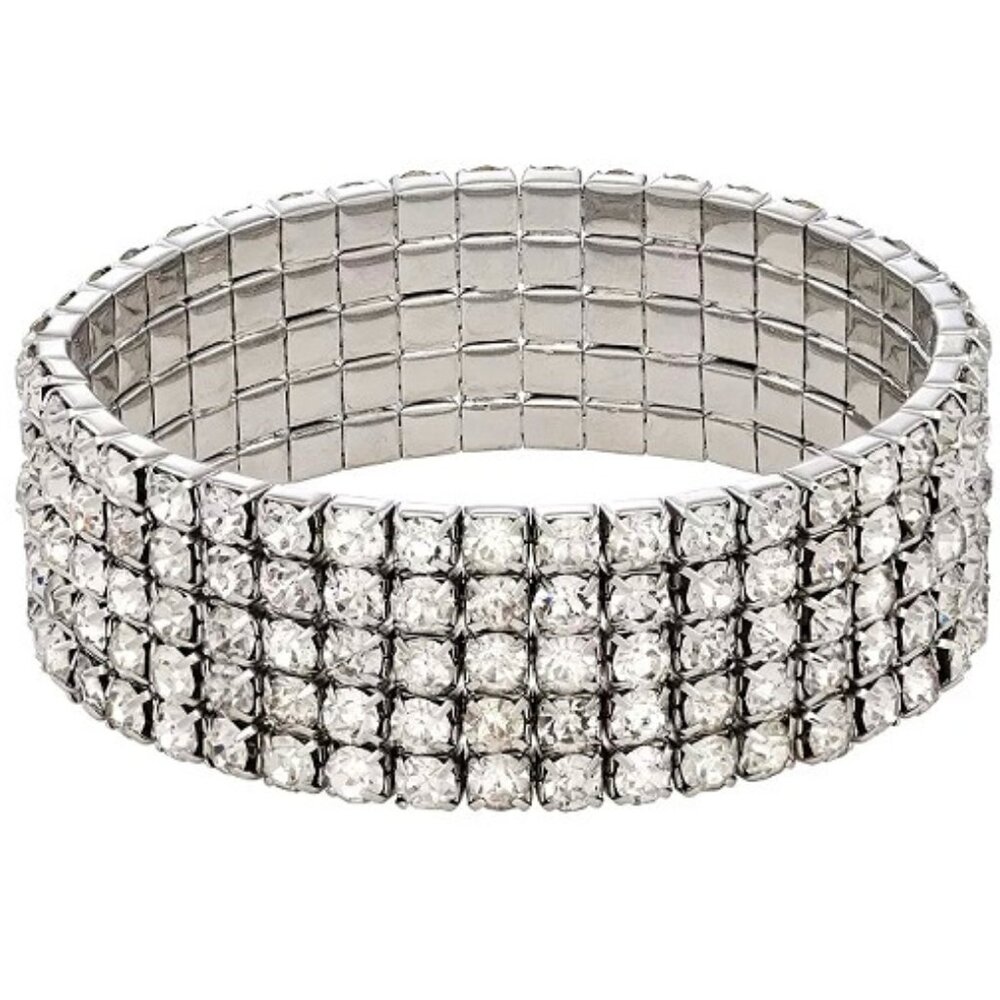 VERA WANG Glamorous Silver Clear Rhinestone Crystal 5 Row Stretch Bracelet